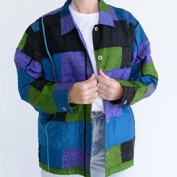 Vintage Easy Spirit Black Purple 100% Silk Patchwork Embroidery Button Jacket XL - Picture 2 of 10